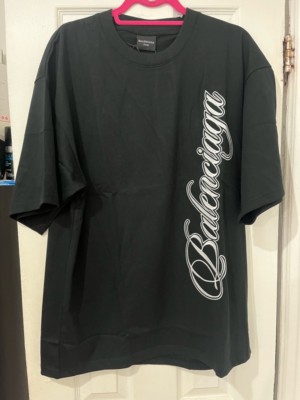 Balenciaga Black Tee with White Script Side Logo
